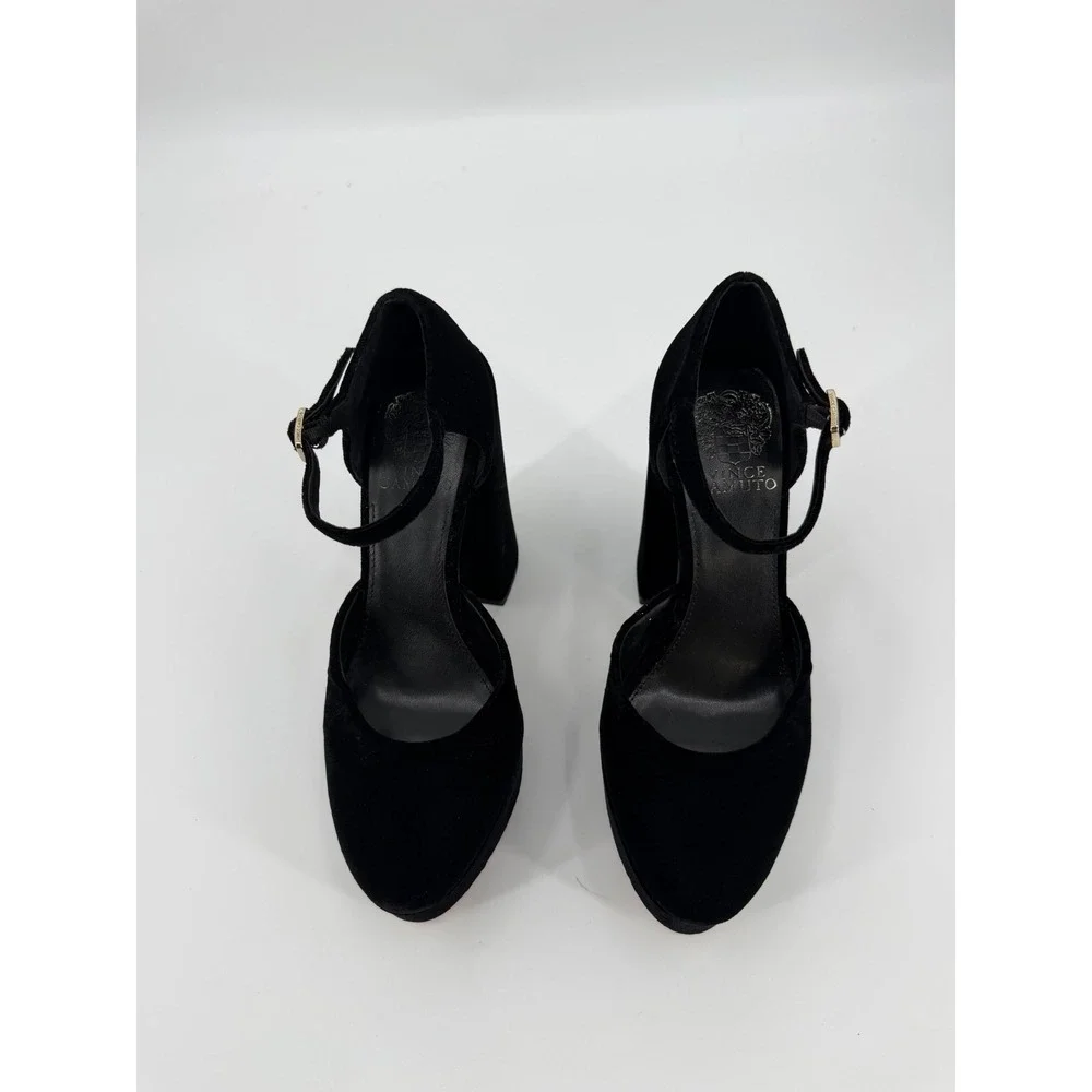 Vince Camuto Black Velvet Platform Heels Ankle Strap Block Heel Pumps Size 6.5M